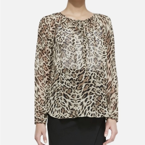 L' AGENCE for BARNEYS Chiffon Cheetah Print Gathered Crew Poet City Chic Top S - Picture 1 of 16